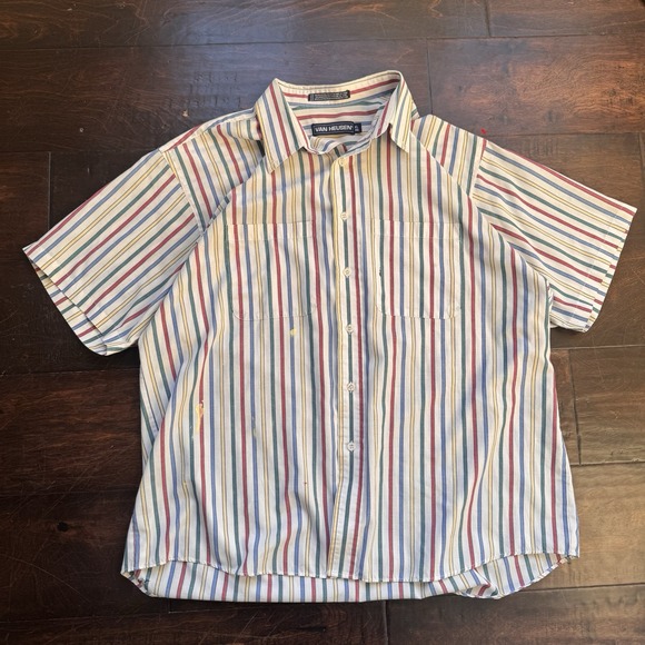 Van Heusen Other - VAN HUESEN Shirt SZ  L Rainbow Stripes Buttons 1 pocket cotton Paint Splatter